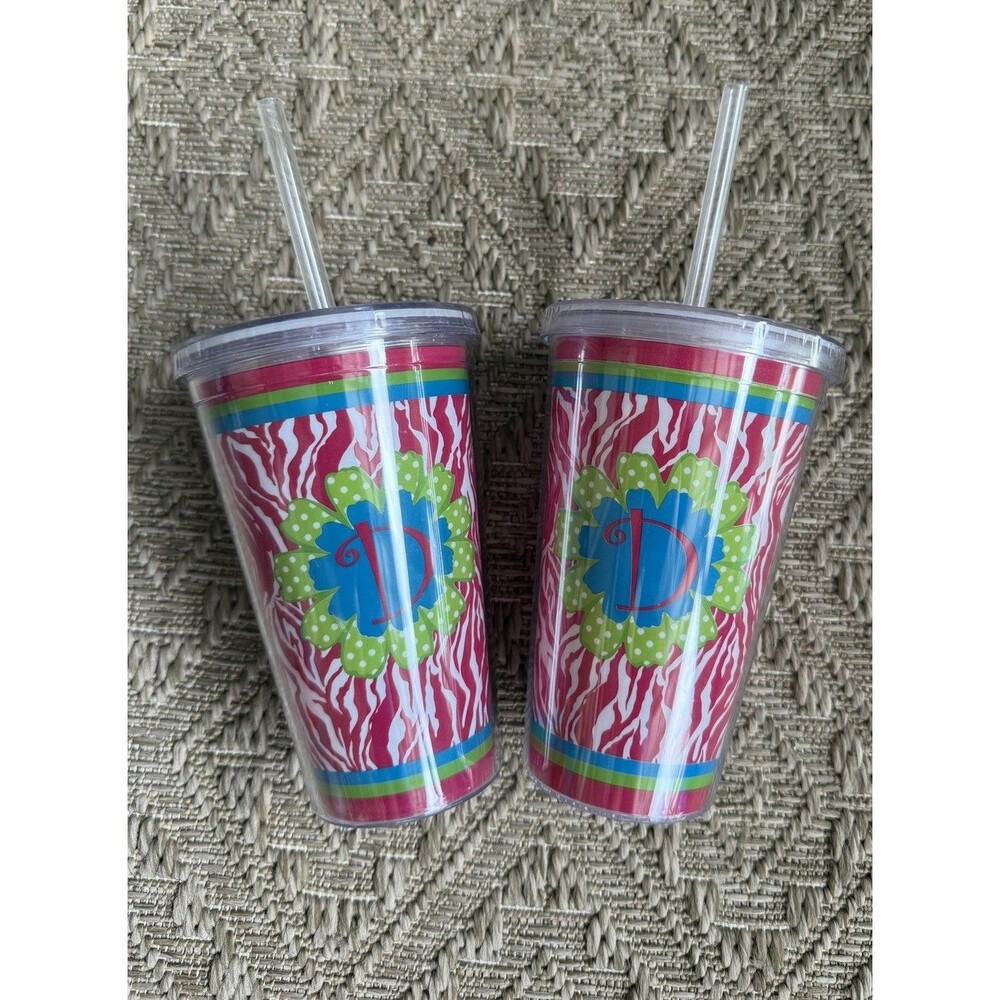 Acrylic Tumbler 16 Oz Double Wall Cold Cup with Straw Set Of 2 Custom Monogram D